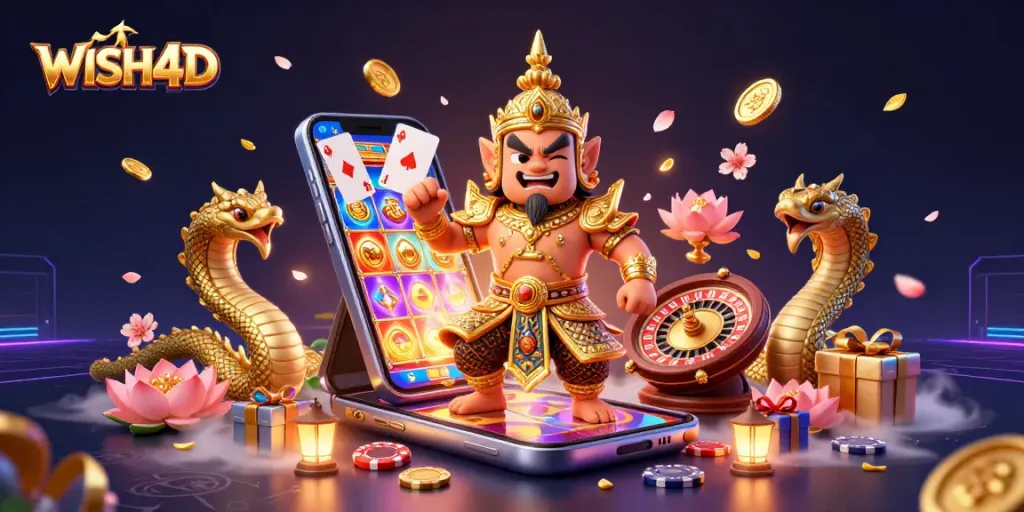 Experience exciting gameplay with WISH4D's vibrant slot games and bonuses in this dynamic scene.