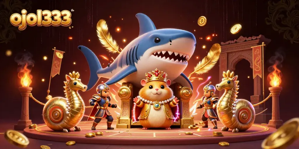 Experience ojol333's thrilling gaming scene with a golden hamster king ruling over an oceanic gambling arena.