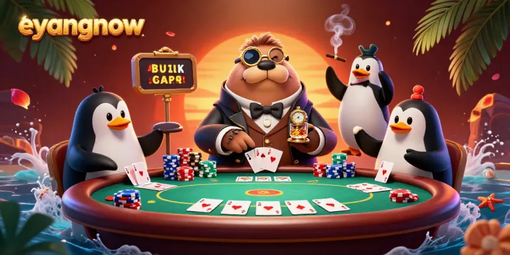 Play poker with eyangnow: A jolly walrus in Victorian outfit and friends at an underwater table.