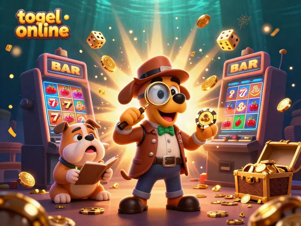 Catch exciting togel online gameplay with detective and bulldog characters exploring a treasure-filled casino scene.