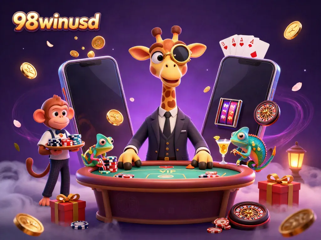 Experience vibrant 98winusd gaming with a luxury giraffe, monkey valet, and chameleon bartender amid lively casino elements.