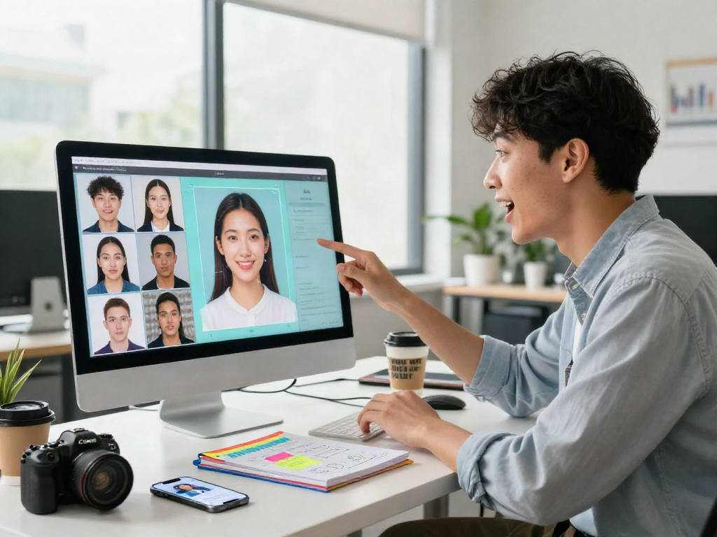 Young professional using AI software to find out how old do I look in a stylish office environment.