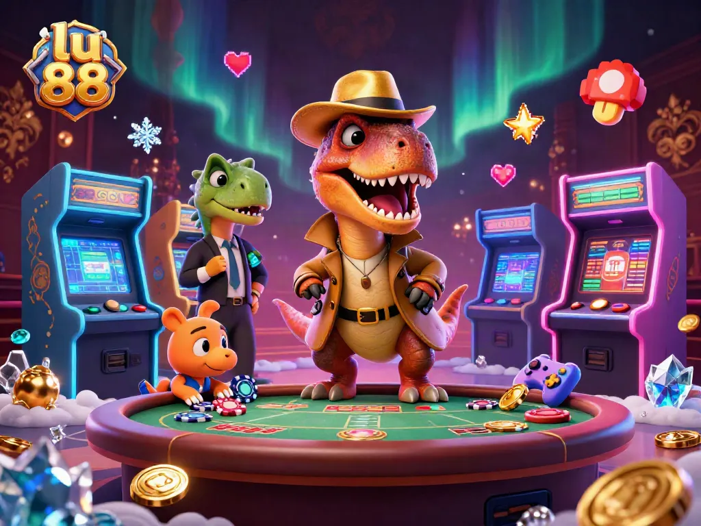 Engage with thrilling games at lu 88 with our unique 3D casino illustration showcasing dynamic characters.