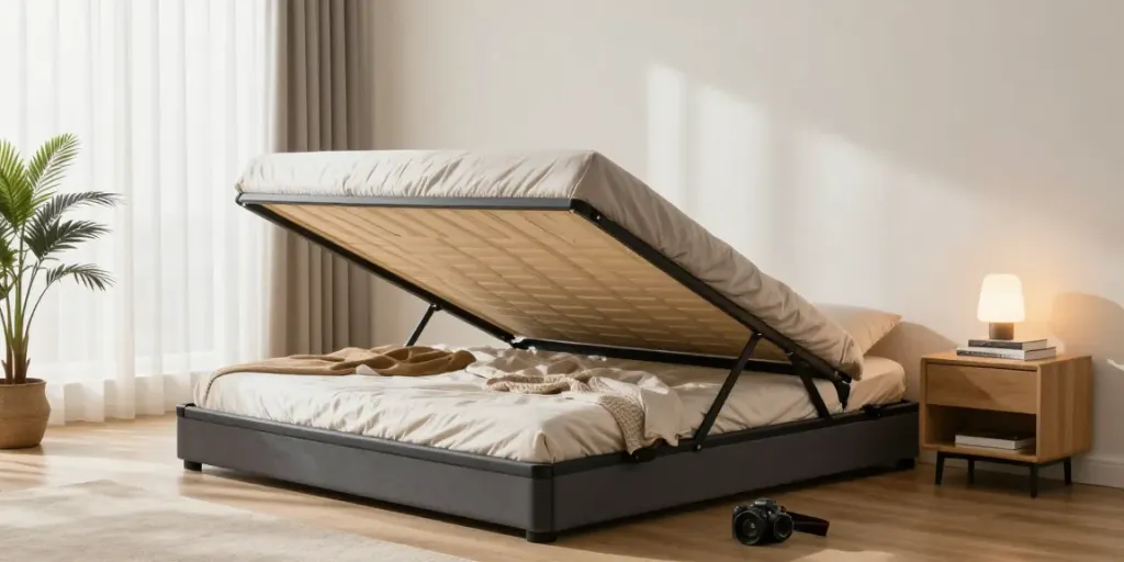 Cozy modern bedroom featuring a stylish fold up bed with soft bedding.