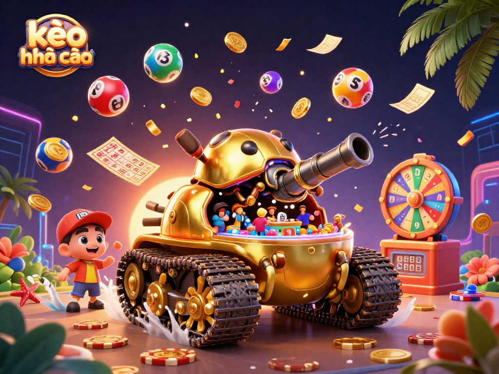 Kèo nhà cái offers a vibrant gaming scene with a golden beetle tank revealing a miniature casino.