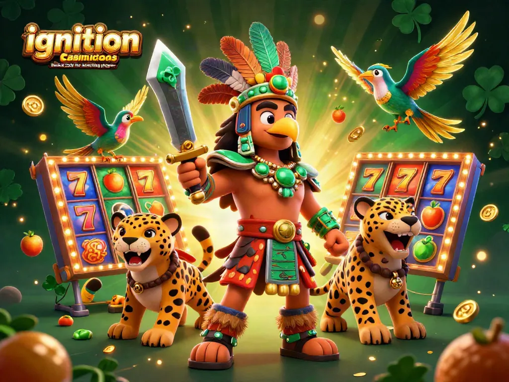 Engage with the ignition casino bonus code for existing players in a vibrant casino scene filled with animated slot reels and characters.