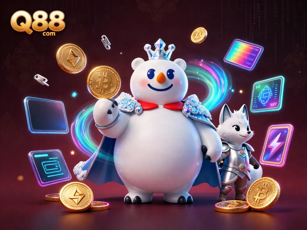 Experience the dynamic gaming energy of Q88 com with vibrant characters and cryptocurrency elements.