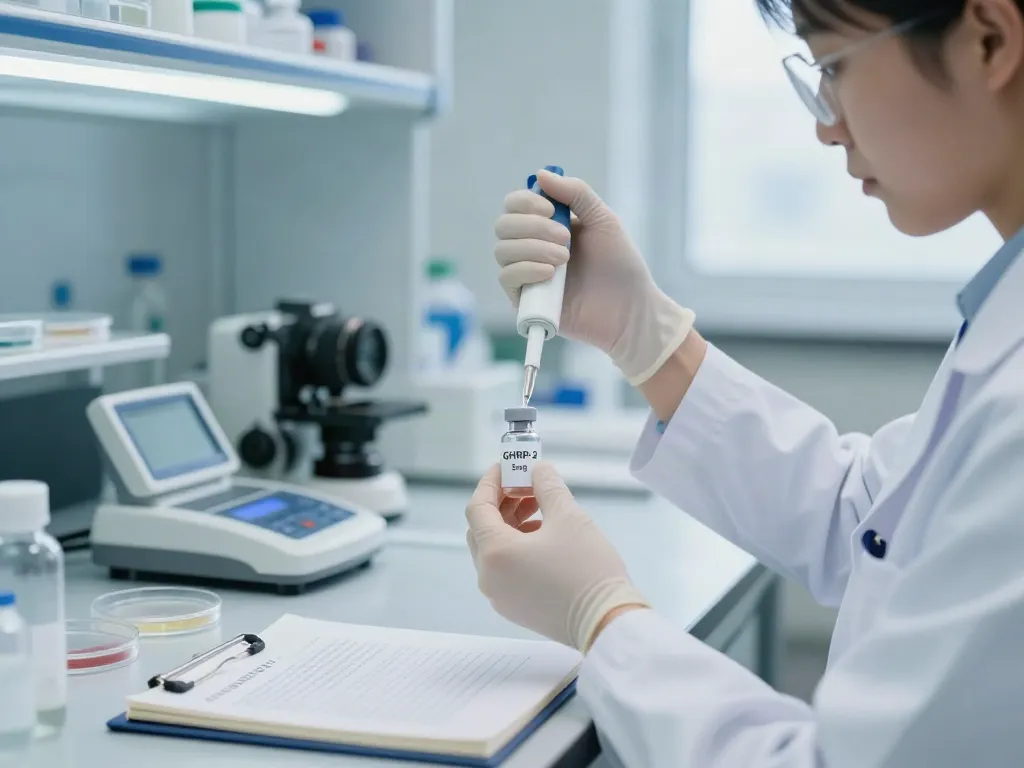 Buy GHRP-2 sample being prepared in a clean laboratory by a scientist with professional equipment.