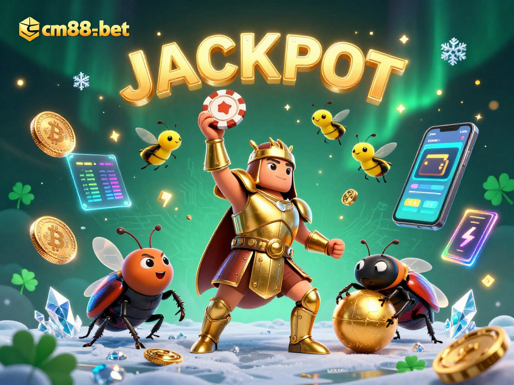 Experience jackpots with cm88-bet in this vibrant 3D gaming illustration featuring cartoon beetles and crypto elements.