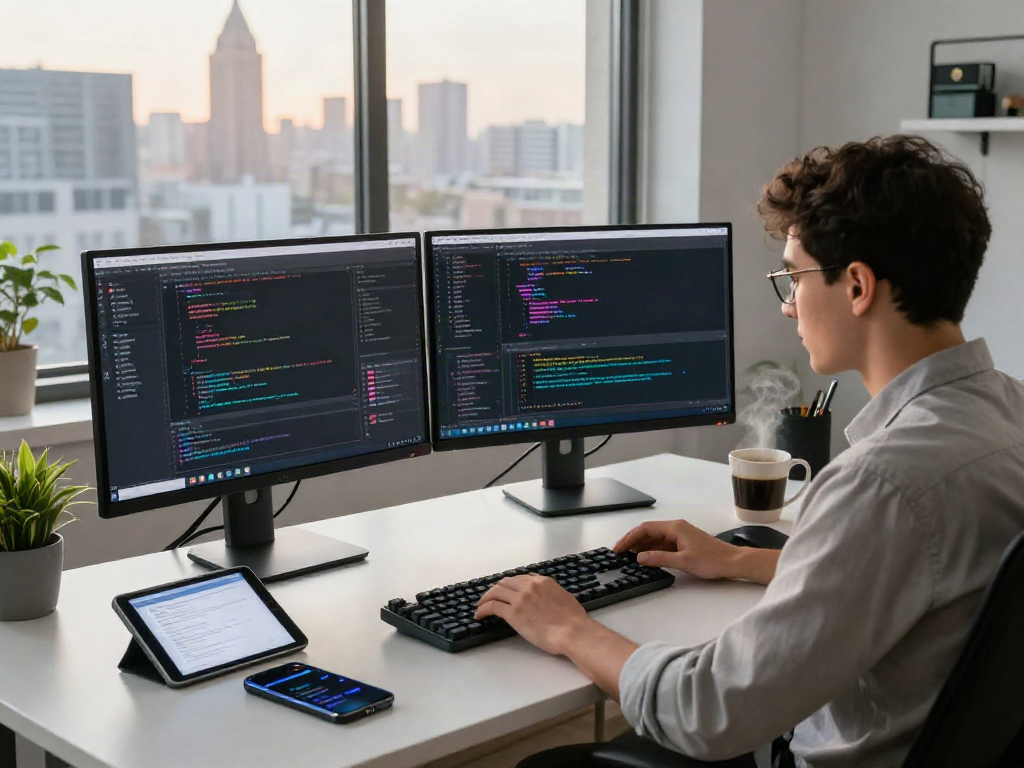 Pengembang perangkat lunak bekerja dengan fokus di meja modern sambil menggunakan 快连下载 untuk menyusun kode di dua monitor.