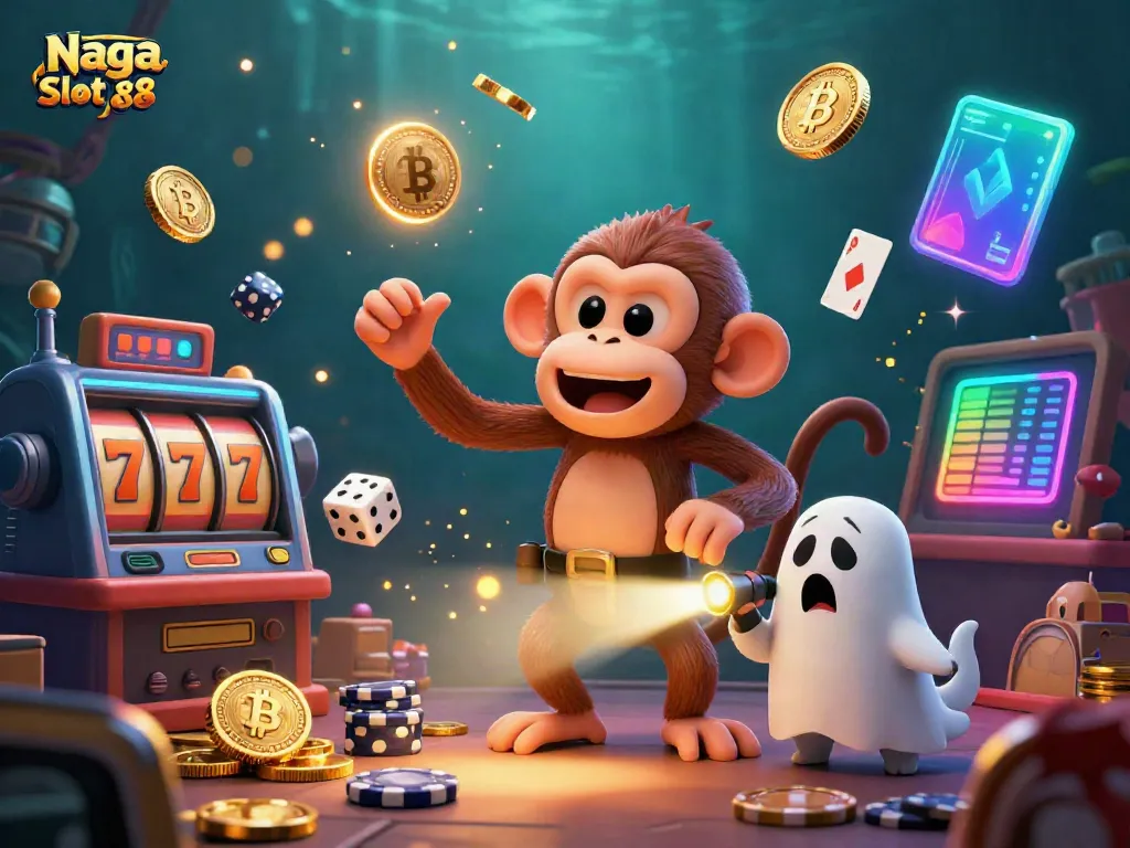 Naga Slot 88 showcases an exciting scene with a mischievous monkey juggling at a haunted casino.