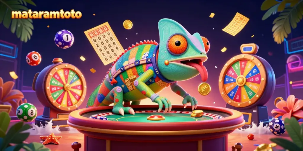 Experience the vibrant excitement of mataramtoto with the chameleon casino owner capturing coins amidst lottery elements.